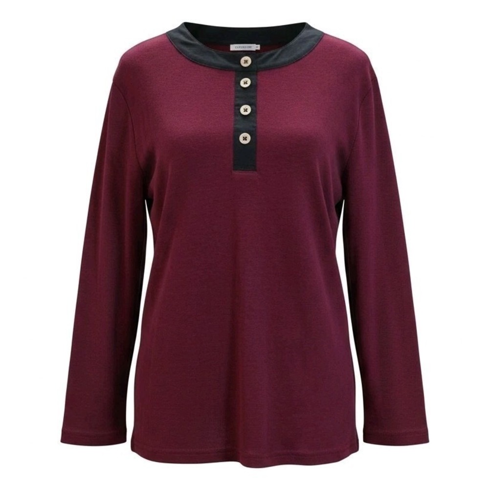 Chaps Womens XL Henley Shirt‎ Burgundy Wine Black Contrast Trim 100% Cotton Long